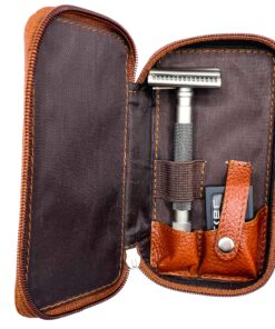 Parker Safety Razor, Genuine Leather Double Edge Safety Razor Zippered Travel Case - Holds Safety Razor and Blade Pack 16 912Se0jZjrL