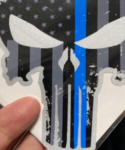 Punisher Skull 5.5 x 4 Inch Tattered Subdued US Flag Reflective Decal with Thin Blue Line Car Sticker, Helmet & Truck Accessories for Men. Support The Police with American Flag USA Bumper Sticker. 17 912UQEmL1vL