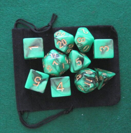 Night Elf (Green / Black) RPG D&D Dice Set: 7 + 3d6 = 10 polyhedral die plus bag! by Dave's Dice