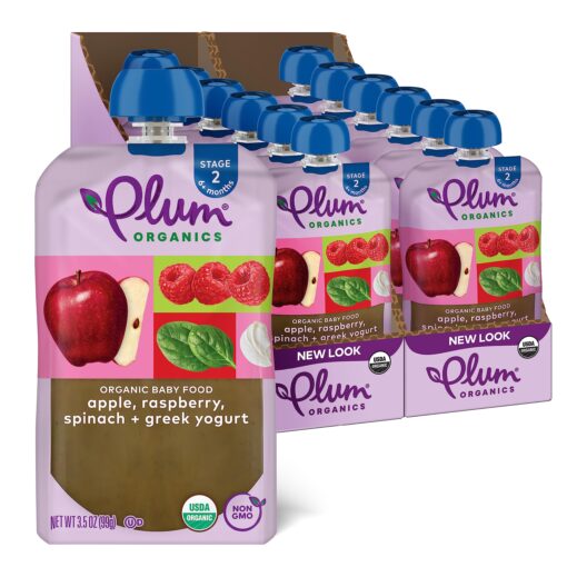 Plum Organics Stage 2 Organic Baby Food - Apple, Raspberry, Spinach, and Greek Yogurt - 3.5 oz Pouch (Pack of 12) - Organic Fruit and Vegetable Baby Food Pouch Apple, Raspberry, Spinach & Greek Yogurt