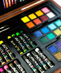 Art 101 Doodle and Color 142 Pc Art Set in a Wood Carrying Case, Includes 24 Premium Colored Pencils, A variety of coloring and painting mediums: crayons, oil pastels, watercolors; Portable Art Studio Multicolor 23 913IahF9VsL