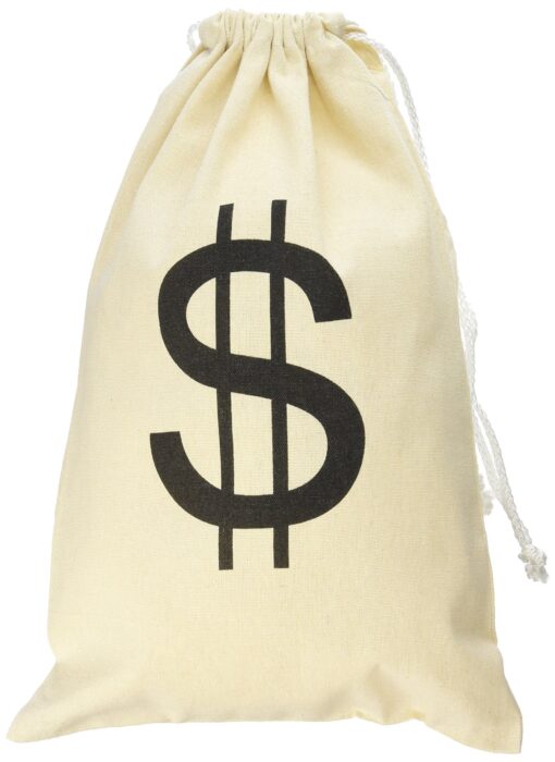 Large Canvas Natural Money Bag Pouch with Drawstring Closure and Dollar Sign Design for Toy Party Favors, Bank Robber Cowboy Pirate Theme, Carrying Case Sack