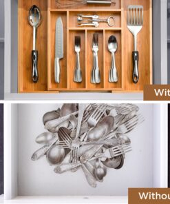 Expandable Bamboo Silverware Organizer - Kitchen Drawer Organizer, Utensil Holder - Drawer Organization and Storage in Kitchen, Bathroom or Bedroom, 17” Long, Adjustable from 13” - 22.2” Wide, 2” Deep 26 913iARwp5xL