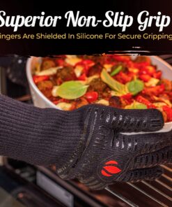 Heat Resistant Silicone BBQ Gloves - Fire Protection up to 1472°F - Insulated Glove Set for Hot Barbecue, Grill, Smoker, Baking, Cooking, and Cutting - Indoor or Outdoor Mitts Fit Men and Women One Size (Longer Cuff) Full Black 15 914J 9KwrL