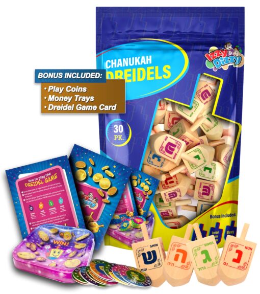 30 Medium Wood Dreidels - Classic Chanukah Spinning Draidel Game, Gift and Prize - Bulk Value Pack - by Izzy n Dizzy 30-Pack