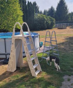 Confer Plastics 7200 Roll Guard 48" to 56" Adjustable A Frame Safety Ladder for Above Ground Outdoor Patio Swimming Pool Platform Ladder with Step Barrier, Warm Grey 46 914pITV34DL