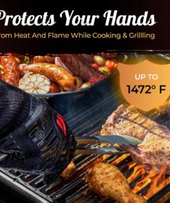 Heat Resistant Silicone BBQ Gloves - Fire Protection up to 1472°F - Insulated Glove Set for Hot Barbecue, Grill, Smoker, Baking, Cooking, and Cutting - Indoor or Outdoor Mitts Fit Men and Women One Size (Longer Cuff) Full Black 13 914qOk9iA1L