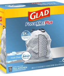 Glad ForceFlexPlus Tall Kitchen Drawstring Trash Bags - 13 Gallon Grey Trash Bag, Fresh Clean with Febreze Freshness 68 Count 33 915Cc1Dd1mL