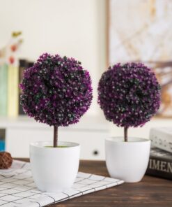 MyGift Tabletop Artificial Topiary Indoor Decor, Fake Plants Faux Purple Boxwood Ball Tree with White Planter Pots, Set of 2 14 915RDYNnO7L