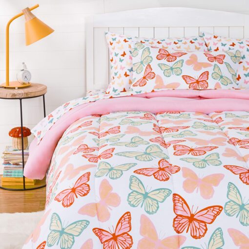 Amazon Basics Kid's Easy Care Microfiber Bed-in-a-Bag 5-Piece Bedding Set, Twin, Butterfly Friends