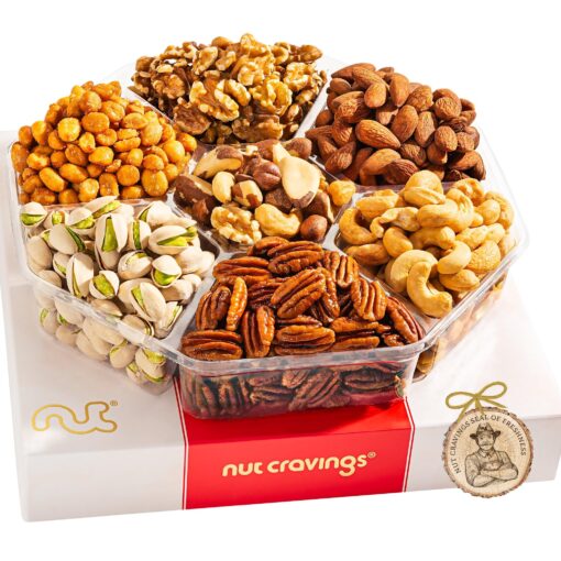 Nut Cravings Gourmet Collection - Holiday Christmas Mixed Nuts Gift Basket in Red Gold Box (7 Assortments, 2 LB) Xmas Arrangement Platter, Birthday Care Package - Healthy Kosher USA Made Red Box Ultimate (7 Assortment, 2 LB)