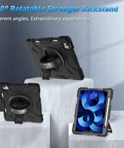 SUPFIVES Case for iPad Air 5th Generation 10.9 Inch 2022: Military Grade Silicone Protective Cover for iPad Air 4th Gen/iPad Pro 11 with Pencil Holder+ Rotating Stand+ Handle+ Shoulder Strap(Black) iPad Air 5th / 4th Generation 10.9 Inch Black 10 915iNTuDGPL