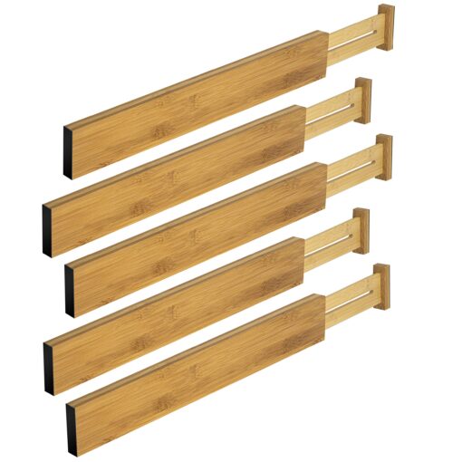 Rapturous Bamboo Drawer Dividers 5 Pack, 2.75" High Kitchen Drawer Divider, Spring Loaded, 17.5-22" Length Expandable, Adjustable Kitchen Drawer Organizer for Cutlery, Utensils, Clothes, Home, Office