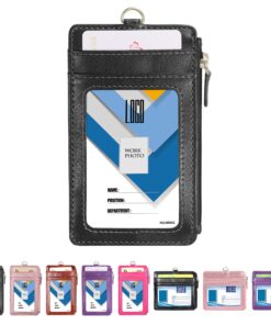 Badge Holder with Zipper, Wisdompro School Supply 2-Sided PU Leather College ID Badge Holder with 1 ID Window, 4 Card Holder Slots, 1 Side Pocket and 20 Inch Leather Neck Strap Lanyard -Vertical Black Vertical 34 915sxqipYhL