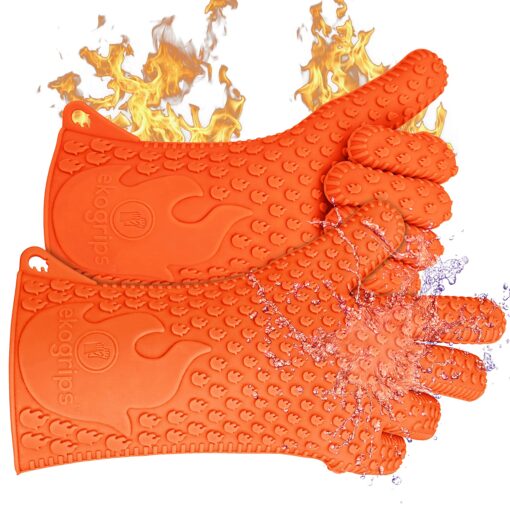 Jolly Green Products Ekogrips Premium Heat-Resistant BBQ Gloves for Cooking and Meat Handling, Kitchen Oven Gloves, Fireplace Accessory, Campfire Gloves, BBQ Mitt, Dishwashing Gloves (Orange, L/XL) Orange