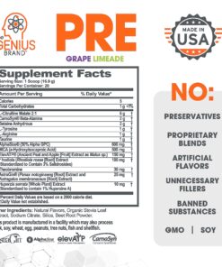 Genius Pre Workout Powder, Grape Limeade - All-Natural Nootropic Pre-workout & Caffeine-Free Nitric Oxide Booster Supplement with Beta Alanine & Alpha GPC - No Artificial Flavors, Sweeteners, or Dyes 21 916 7hmMZrL