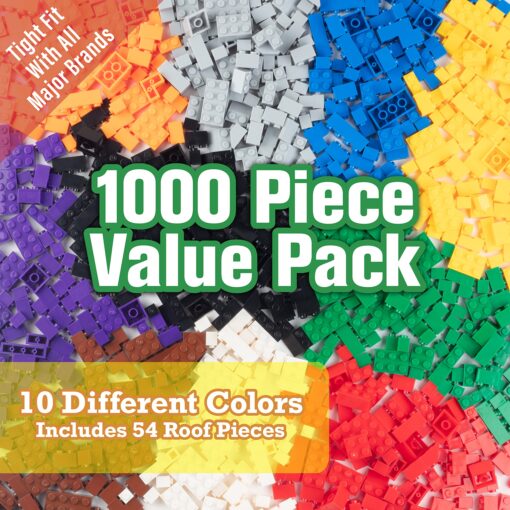 SCS Direct Building Block Bricks- Set of 1000 Pc Bulk Set-10 with 54 Roof Pieces- Compatible & Tight Fit with All Major Brands- Great for Activity Tables, Creativity & School Projects