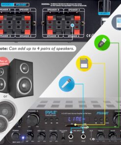 Pyle 500W Karaoke Wireless Bluetooth Amplifier - 4 Channel Stereo Audio Home Theater Speaker Sound Power Receiver with AUX IN, FM, RCA Subwoofer Speakers OUT, USB, Microphone IN with Echo - PTA44BT Amplifier System 24 917Snvlr9iL