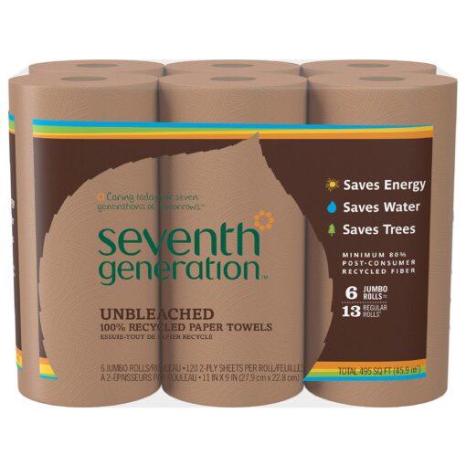 Seventh Generation Unbleached Paper Towels, 100% Recycled Paper, 6 Count, Pack of 4 Brown 6 Count (Pack of 4)