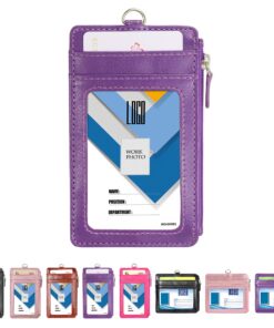 Badge Holder with Zip, Wisdompro School Supply 2-Sided Vertical PU Leather College ID Badge Holder with 1 ID Window, 4 Card Slots, 1 Side Zipper Pocket and 20 Inch Leather Neck Lanyard Strap - Purple 19 917xOuAf2xL