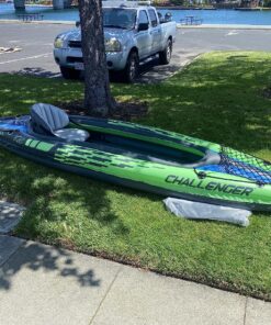 INTEX Challenger Inflatable Kayak Series: Includes Deluxe 86in Aluminum Oar and High-Output Pump – SuperStrong PVC – Adjustable Seat with Backrest – Removable Skeg – Cargo Storage Net green/blue 2-person 39 91856DLTPjL