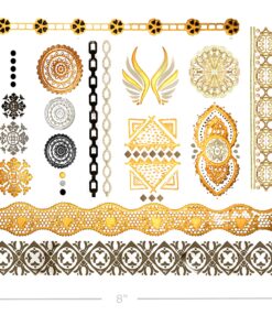 Terra Tattoos Gold Metallic Temporary Tats 75+ Boho Henna Designs Feathers, Tribal, Elephants - Waterproof Nontoxic Long Lasting Perfect for Beach, Festivals, & more! 17 918lyGBQcLL 1
