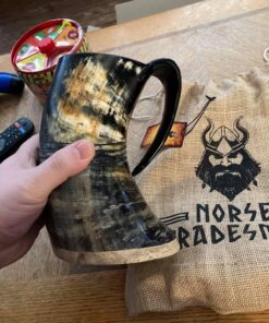 Norse Tradesman XL Viking Drinking Horn Mug - 100% Authentic Beer Horn Tankard With Hardwood Bottom & Ring Engravings | The Eternal, Low Polish, approx. 30 oz 31 9197jNNaRL 2