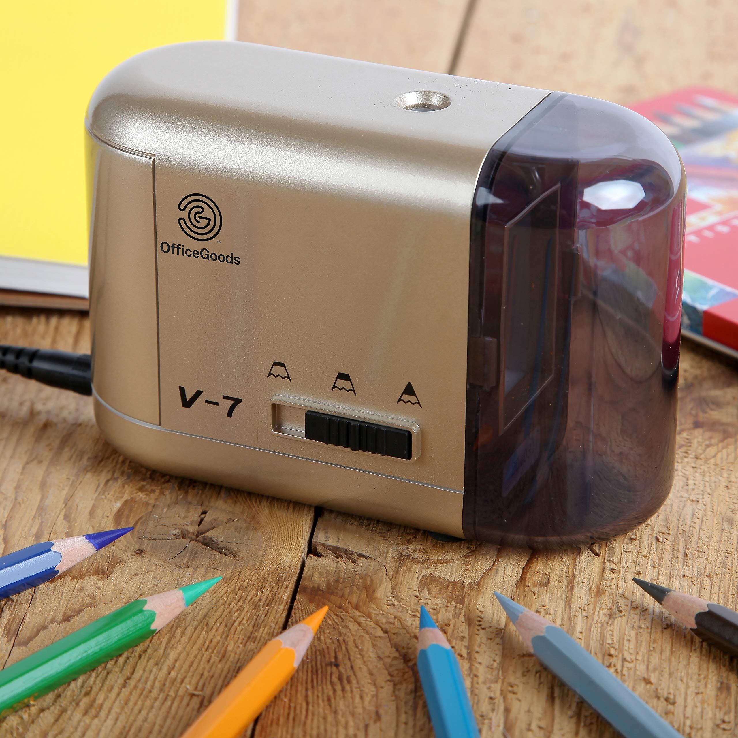 OfficeGoods Electric Pencil Sharpener - Battery or Cord Powered Portable Sharpener - Perfectly Sharpens Colored Pencils, Drafting Pencils for Artists, Office, School & Home - Gold 7 OfficeGoods Electric Pencil Sharpener - Battery or Cord Powered Portable Sharpener - Perfectly Sharpens Colored Pencils, Drafting Pencils for Artists, Office, School & Home - Gold - Image 7