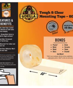 Gorilla Tough & Clear, Double Sided Mounting Tape, Weatherproof, 1" x 60", Clear, (Pack of 1) 1 Pack 27 919byOYRsIL 2