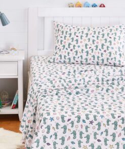 Amazon Basics Kid's Ocean Party Soft Easy-Wash Microfiber Sheet Set, Twin, Teal Seahorses 12 919rB5M5L