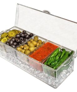 Ice Chilled 5 Compartment Condiment Server Caddy - Serving Tray Container with 5 Removable Dishes with Over 2 Cup Capacity Each and Hinged Lid | 3 Serving Spoons + 3 Tongs Included 30 91A1IWYHuIL
