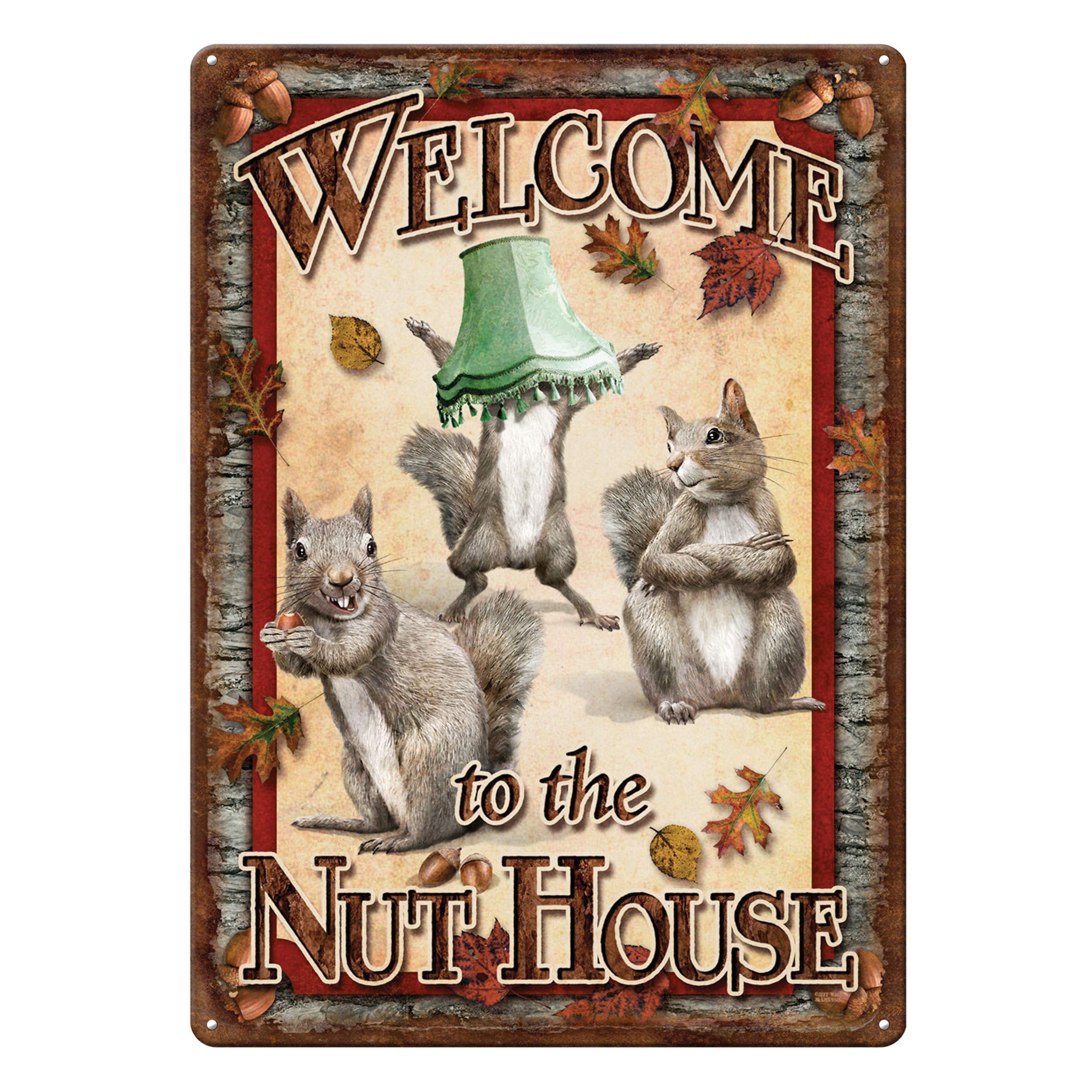 Rivers Edge Products Retro Metal Tin Sign, 17" x 12" Weatherproof Metal Wall Art for Indoor or Outdoor Decor, Vintage Man Cave, Bar, Cabin, Garage, or Home Décor, Hunting 12 X 17-Inch Nut House 1 Rivers Edge Products Retro Metal Tin Sign, 17" x 12" Weatherproof Metal Wall Art for Indoor or Outdoor Decor, Vintage Man Cave, Bar, Cabin, Garage, or Home Décor, Hunting 12 X 17-Inch Nut House