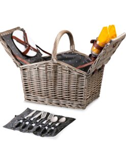 PICNIC TIME Piccadilly Picnic Basket, Romantic Picnic Basket for 2 with Picnic Set - Includes Utensil Set, Glasses, Plates, and Wine Opener, (Anthology Collection - Gray with Gold Accents) 14 91Albz4zeIL