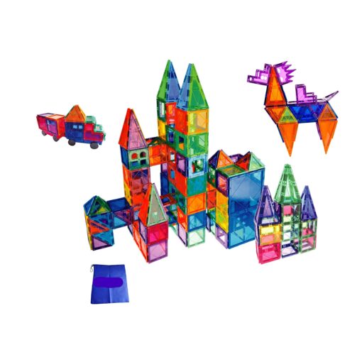 FunEdu Upgraded 100-piece Magnetic Tiles Building Blocks, Deluxe Super Strong Magnet toy set, Various Shapes, Wheel Bases, Tiles with Animal Images for kids toddlers