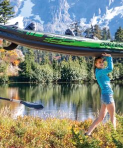 INTEX Challenger Inflatable Kayak Series: Includes Deluxe 86in Aluminum Oar and High-Output Pump – SuperStrong PVC – Adjustable Seat with Backrest – Removable Skeg – Cargo Storage Net green/blue 2-person 31 91BN3E 0HCL