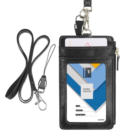 Badge Holder with Zipper, Wisdompro School Supply 2-Sided PU Leather College ID Badge Holder with 1 ID Window, 4 Card Holder Slots, 1 Side Pocket and 20 Inch Leather Neck Strap Lanyard -Vertical Black Vertical