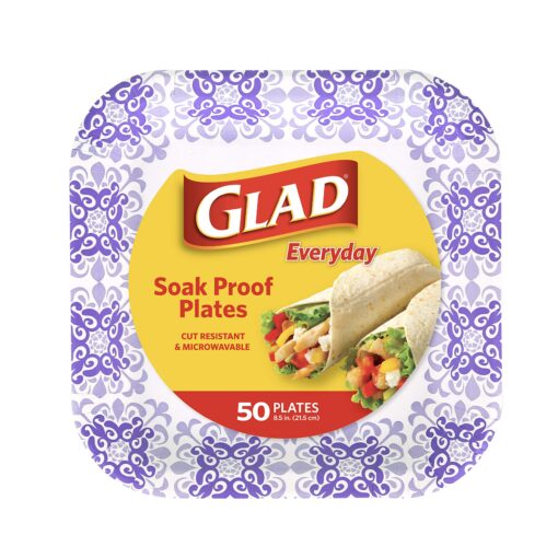 Glad Square Disposable Paper Plates for All Occasions | Soak Proof, Cut Proof, Microwaveable Heavy Duty Disposable Plates | 8.5" Diameter, 50 Count Bulk Paper Plates,Purple Purple Paper Plates 8.5 Inch - 50 Count