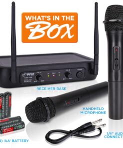 Pyle Channel Microphone System-VHF Fixed Dual Frequency Wireless Set with 2 Handheld Dynamic Transmitter Mics, Receiver Base-for PA, Karaoke, Dj Party (PDWM2135) , Black 28 91Cqz1ZZJRL