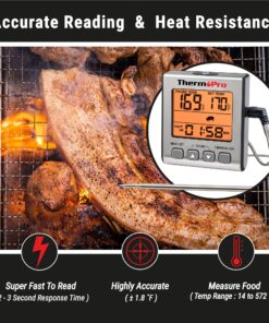 ThermoPro TP16S Digital LCD Meat Thermometer for Cooking and Grilling, BBQ Food Thermometer with Backlight and Kitchen Timer, Grill Temperature Probe Thermometer for Smoker, Barbecue, Oven, Cookware Light Silver 35 91De4ulztL