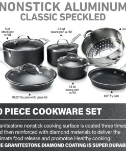 Granitestone Original 10 Piece Nonstick Cookware Set, Scratch-Resistant, Granite-Coated, Dishwasher and Oven-Safe Kitchenware, PFOA-Free Pots and Pans As Seen On TV Black Speckle 18 91DmQjqi8zL