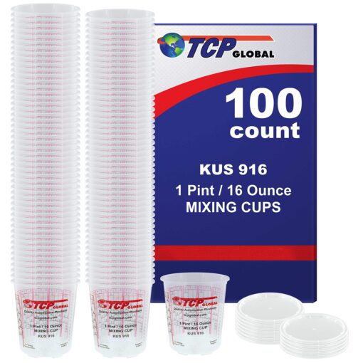 (Full Case of 100 Each - Pint (16oz) Paint Mixing Cups) by Custom Shop - Cups Have calibrated Mixing ratios on Side of Cup Box of 100 Cups Cups - Box of 100 + 12 Lids