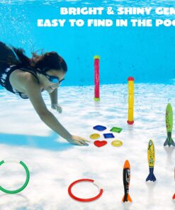 JOYIN 18Pcs Diving Pool Toys for Kids, Swimming Pool Toy with Storage Bag Includes 4 Pool Rings, 4 Diving Sticks, 4 Bandits, 6 Treasures Underwater Swim Pool Games for Ages 8-12 18 91E1r3gpc6L