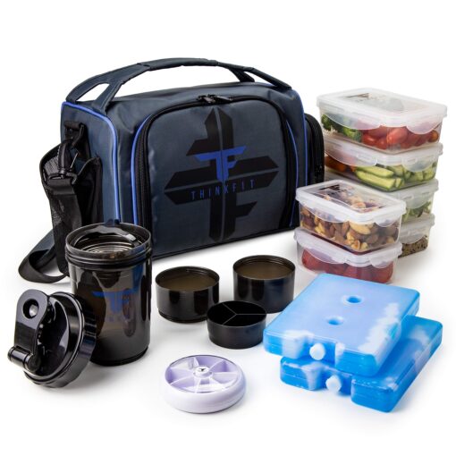 ThinkFit Insulated Meal Prep Lunch Box with 6 Food Portion Control Containers - BPA-Free, Reusable, Microwavable, Freezer Safe - With Shaker Cup, Pill Organizer, Shoulder Strap & Storage Pocket (Blue) Blue