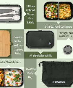 GRUB2GO Premium Bento Lunch Box (Large 68 Oz Capacity) | 2023 Exclusive, 70% Bigger | Includes Bamboo Chopping Board Lid, Carry Bag, 2 Dividers, Utensils, Sauce Container Premium 2021 Model: Executive Black (68 OZ) 33 91Ee4Bq5MmL