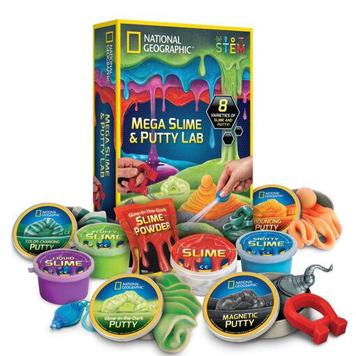 NATIONAL GEOGRAPHIC Mega Slime Kit & Putty Lab - 4 Types of Slime Plus 4 Types of Putty Including Magnetic Putty, Slime Kit for Boys and Girls, Sensory Putty Toy & Science Kit (Amazon Exclusive)