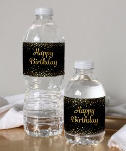 Black and Gold Happy Birthday Party Water Bottle Labels - 24 Stickers 13 91FC4SMs2RL