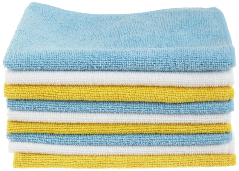 Catalog 6 Amazon Basics Microfiber Cleaning Cloths, Non-Abrasive, Reusable and Washable - Pack of 48, 12 x16-Inch, Blue/White/Yellow