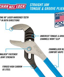 Channellock 440 Tongue and Groove Pliers | 12-Inch Straight Jaw Groove Joint Plier with Comfort Grips | 2.25-Inch Jaw Capacity | Laser Heat-Treated 90° Teeth| Forged High Carbon Steel | Made in USA, Black, Blue, Silver 14 91FXihJYc8L