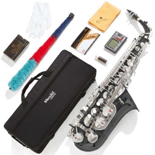 Mendini By Cecilio Eb Alto Saxophone - Case, Tuner, Mouthpiece, 10 Reeds, Pocketbook - Black & NickelE Flat Musical Instruments Black & Nickel