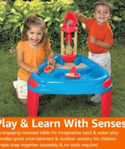 Amazon Basics 6 Piece Kids’ Sensory Sand & Water Wheel Play Table, 2 Floating Sailboats, Bucket, Tower, Easy Snap-Together Assembly, Red/Blue 18 91G0M1hKOGL